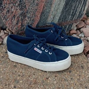 Superga navy blue canvas platform lace up sneakers casual shoes womens 7.5